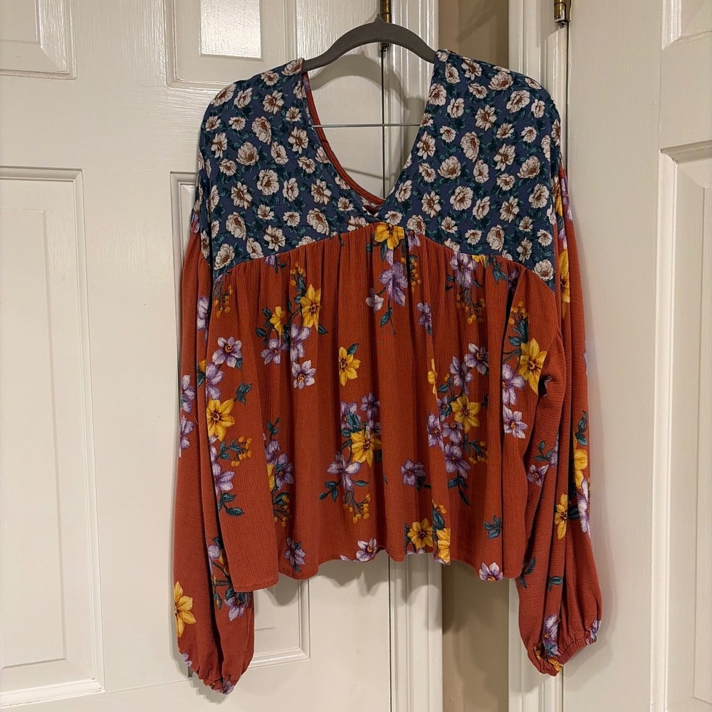 Ces Femme Womens Babydoll Blouse Orange Floral M Balloon Sleeve Rayon Boho